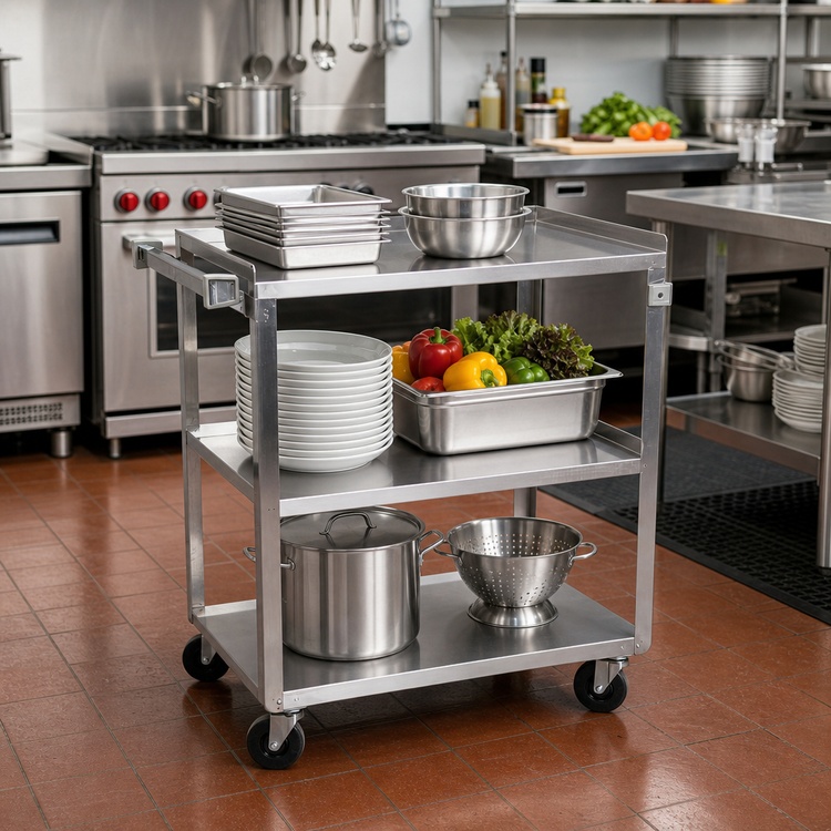 Product image #2 for BK Resources 3-Tier Stainless Steel Utility Bus Cart, 30-3/4" x 18" x 33", Knocked Down