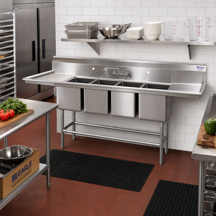 Product image #2 for Eagle Group Spec-Master FN2080-4-30L-14/3 Four Compartment Coved Corner Stainless Steel Sink with 30" Left Drainboard
