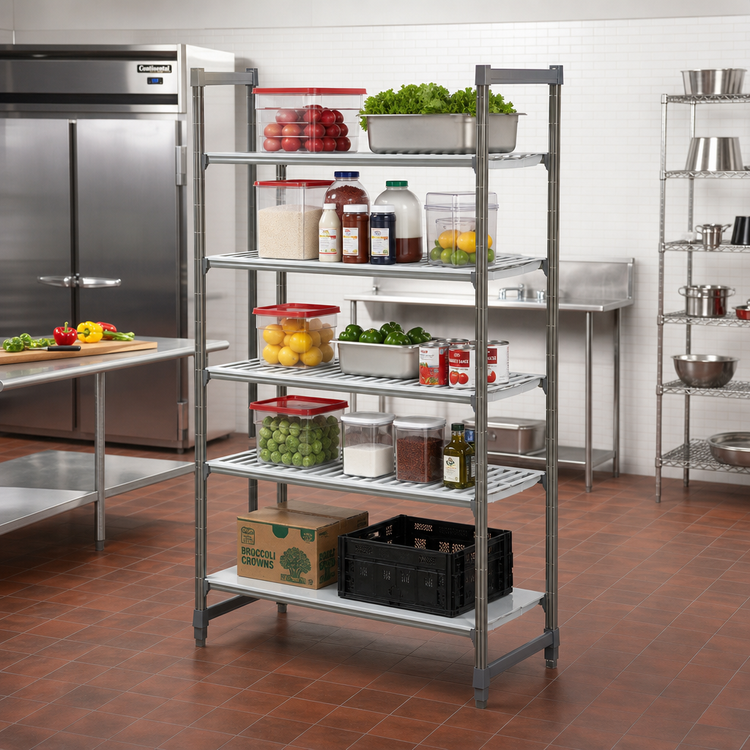 Product image #2 for Cambro Camshelving Basics Plus Polymer Shelving 24" x 30" x 84" 5-Shelf Stationary Starter Unit with 4 Vented and 1 Solid Shelf Plates