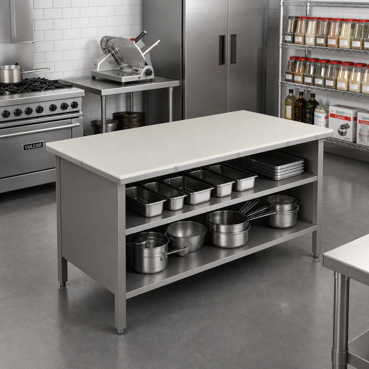 Product image #2 for John Boos 60" x 30" 3/4" Reversible Poly Top Work Table with Open Front Stainless Steel Cabinet Base