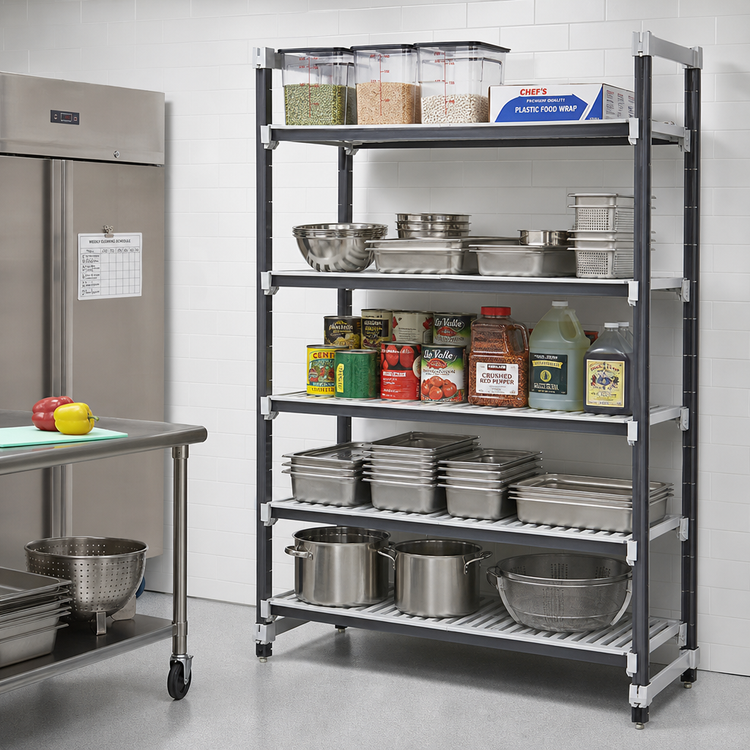 Product image #2 for Cambro Camshelving Elements XTRA 5-Tier Stationary Vented Polymer Shelving Starter Unit, 21 x 72 x 64 Inches, Speckled Gray