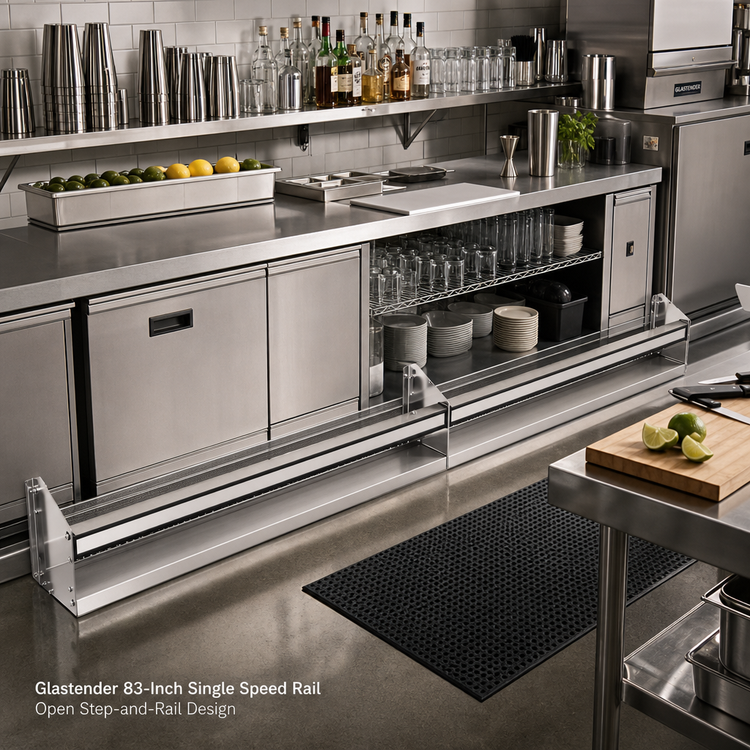 Product image #2 for Glastender 83-Inch Stainless Steel Single Speed Rail with Open Step-and-Rail Design