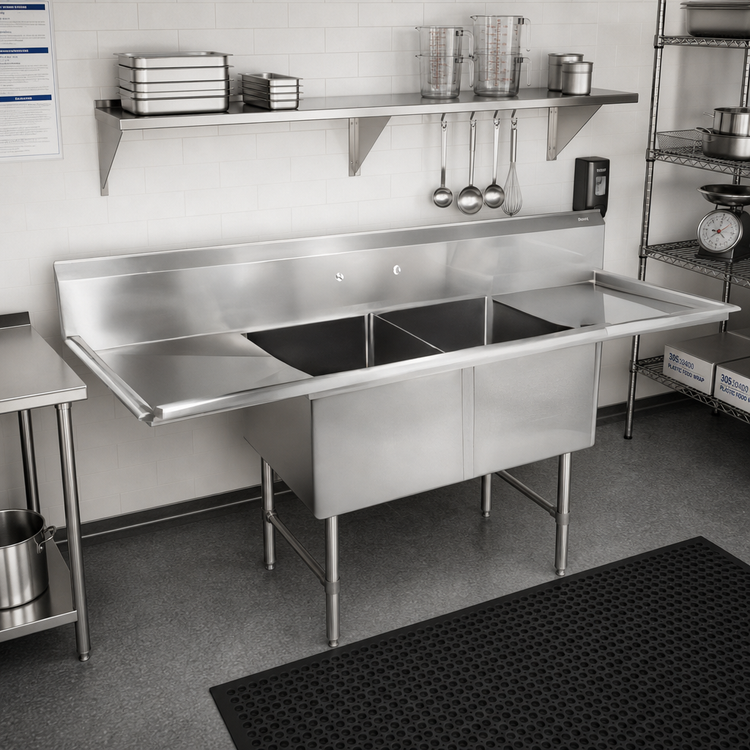 Product image #2 for John Boos B Series 2-Compartment Stainless Steel Sink with Left and Right Drainboards, 71-1/4 Inch W x 25-1/2 Inch D