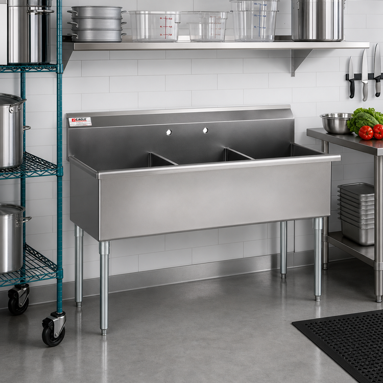 Product image #2 for Eagle Group 49-3/8 Inch 3-Compartment Utility Sink, 16 Gauge 304 Stainless Steel, No Drainboards, Square Corner