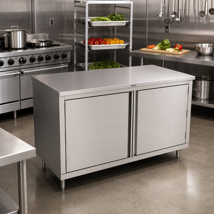 Product image #2 for John Boos 60" x 30" 16-Gauge Stainless Steel Flat Top Enclosed Work Table with Cabinet Base and Hinged Doors