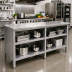 Thumbnail image #2 for John Boos EBOS6-3072 72 x 30 Inch Open-Front Cabinet Base Stainless Steel Work Table with Undershelf, 16-Gauge 300 Series Top