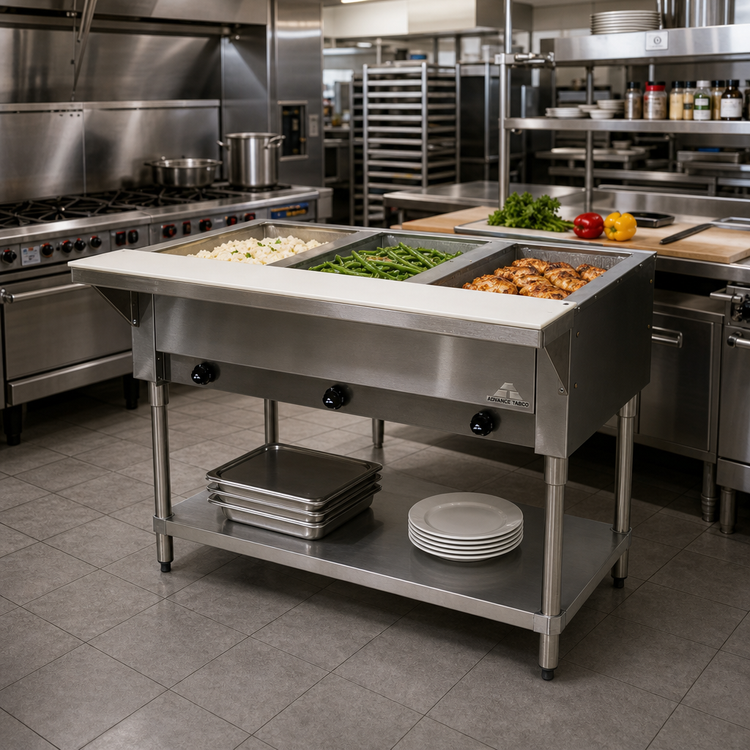 Product image #2 for Advance Tabco Triumph Supreme 3-Well LP Gas Hot Food Table with Undershelf and Cutting Board