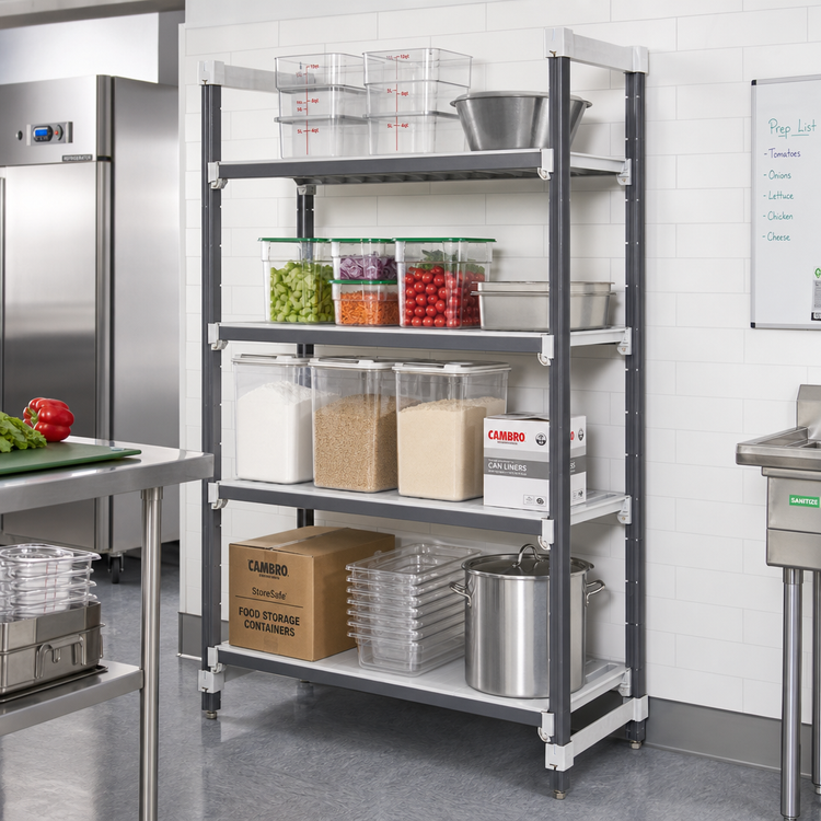 Product image #2 for Cambro Camshelving® Elements XTRA 24" x 72" x 64" 4-Tier Stationary Starter Polymer Shelving Unit, 3 Vented + 1 Solid, Speckled Gray