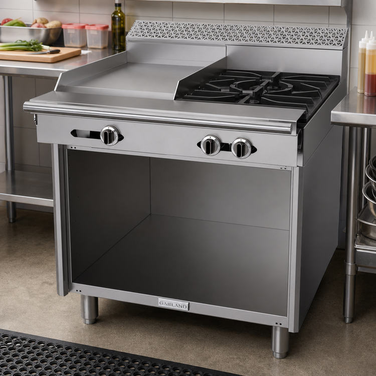 Product image #2 for Garland Cuisine Series Heavy Duty 36-Inch Gas Range with 2 Open Burners and 18-Inch Griddle, Natural Gas, Storage Base