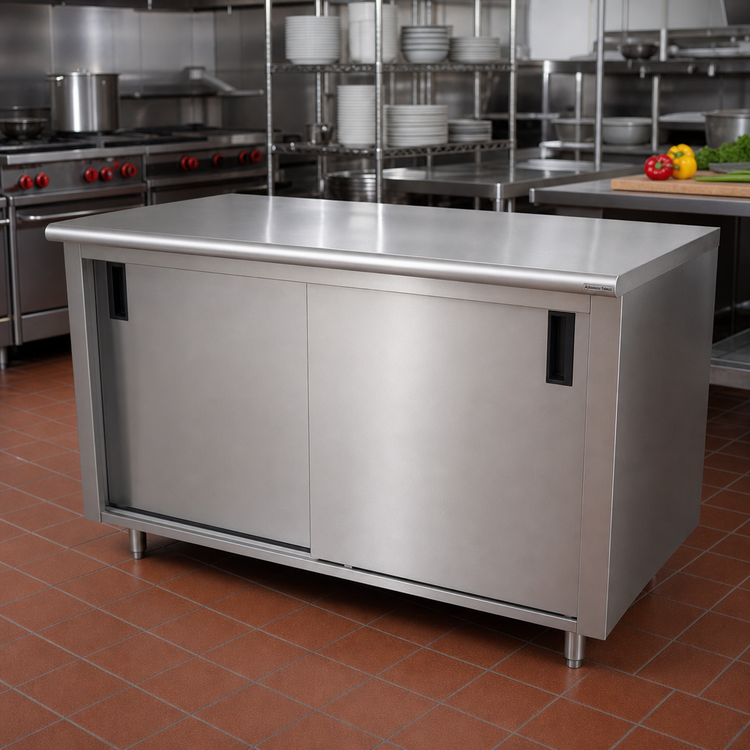 Product image #2 for Advance Tabco 96-Inch x 30-Inch Enclosed Work Table with Cabinet Base, Mid-Shelf, and Sliding Doors
