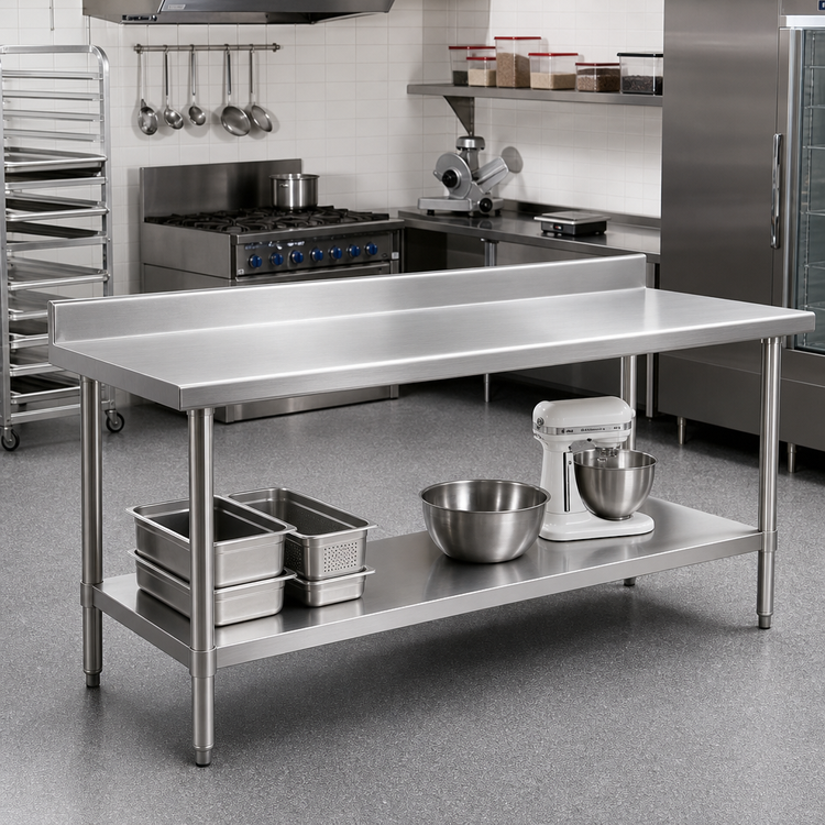 Product image #2 for Spec-Master Marine Series 144 Inch W x 24 Inch D Stainless Steel Work Table with 4-1/2 Inch Backsplash and Adjustable Undershelf
