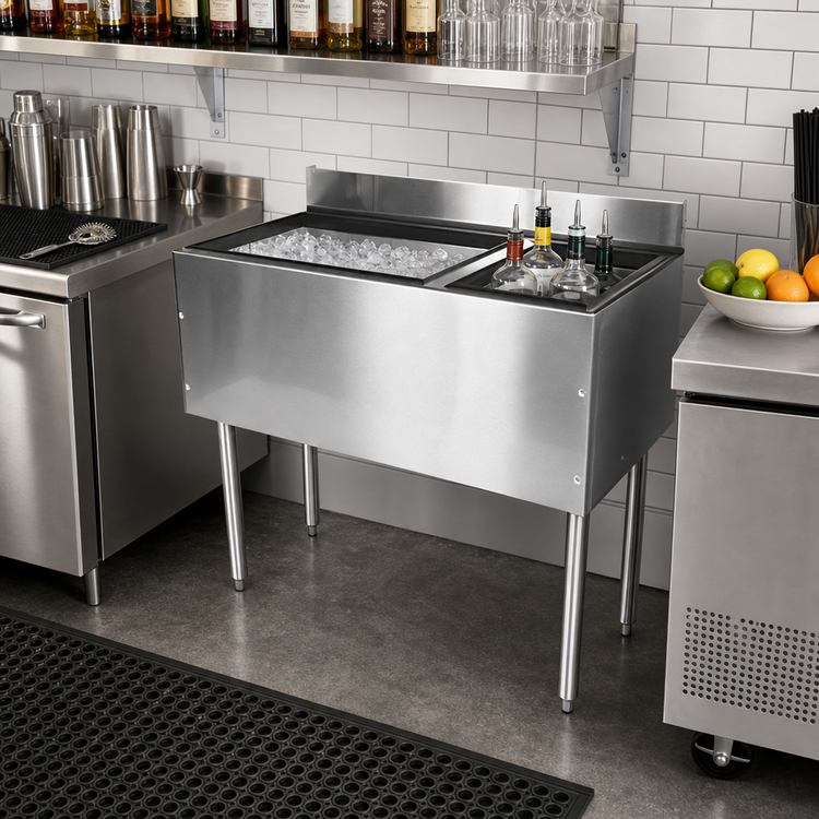 Product image #2 for CHOICE 36-Inch Stainless Steel Underbar Combo Ice Bin/Cocktail Unit with Right-Hand 6-Bottle Insulated Storage