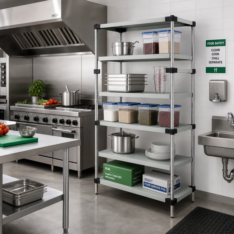 Product image #2 for Quantum Stationary Solid Shelving Starter Kit, 36"W x 24"D x 74"H, 5 Solid Shelves, 304 Stainless Steel