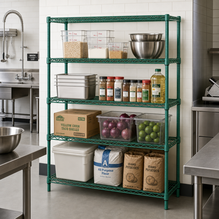 Product image #2 for Quantum Stationary Wire Shelving Starter Kit, 72"W x 14"D x 63"H, 4 Shelves, Green Epoxy Antimicrobial Finish