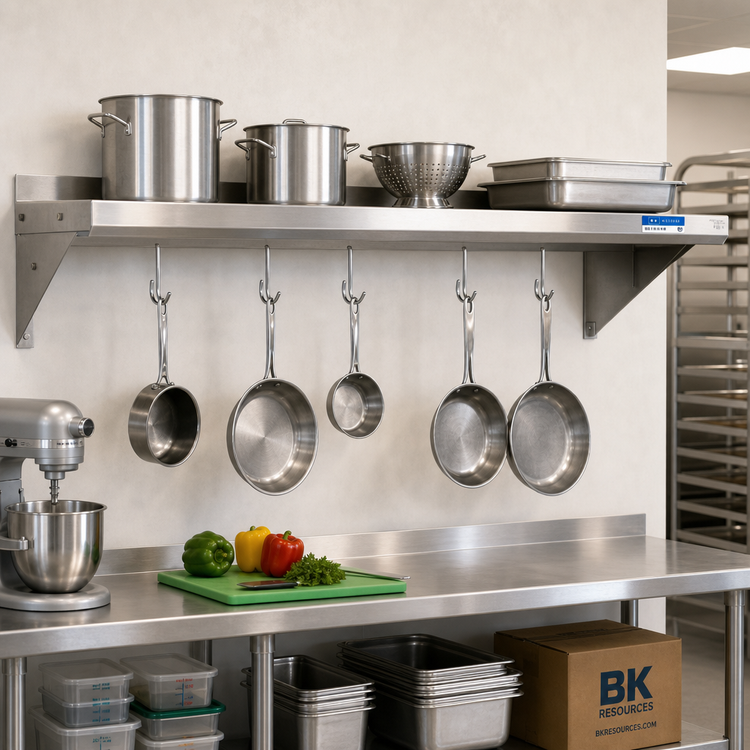 Product image #2 for BK Resources Economy Wall-Mounted Stainless Steel Pot Rack Overshelf, 96 x 12 Inches, 8 Hooks
