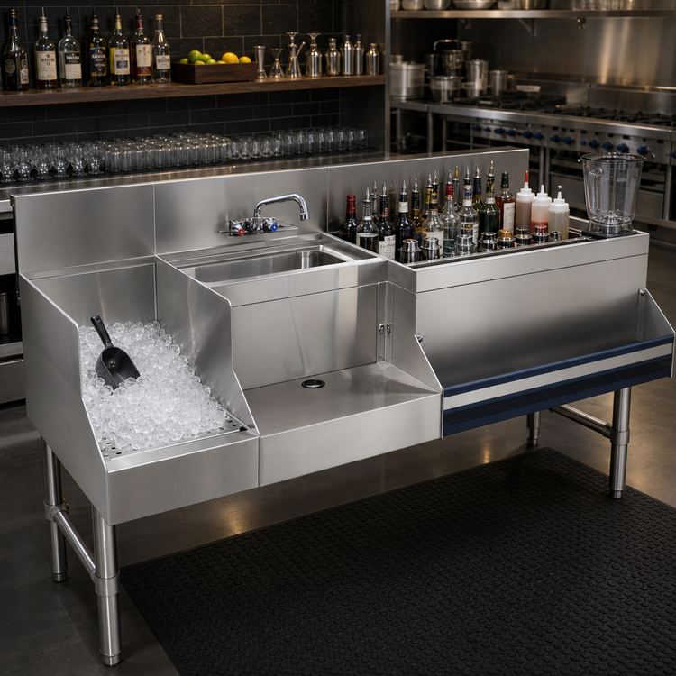 Product image #2 for Advance Tabco Prestige Uni-Serv 60-Inch Underbar Speed Bar with Left Ice Bin, Sink, and Blender Station