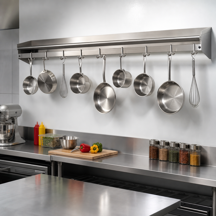 Product image #2 for Eagle Group Commercial Wall-Mount Pot Rack Wall Shelf with 9 Hooks, 108 Inch W x 12 Inch D