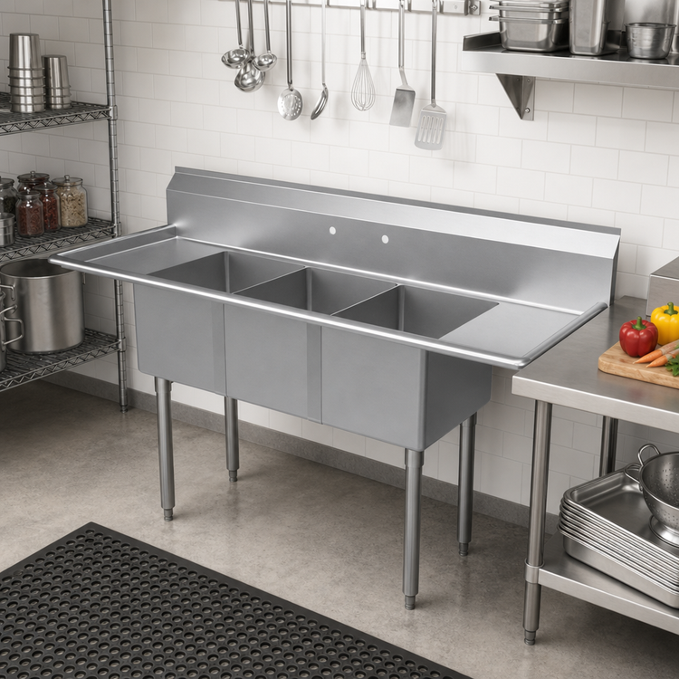 Product image #2 for BK Resources Economy Freestanding 3-Compartment Stainless Steel Sink with Dual 12-Inch Drainboards