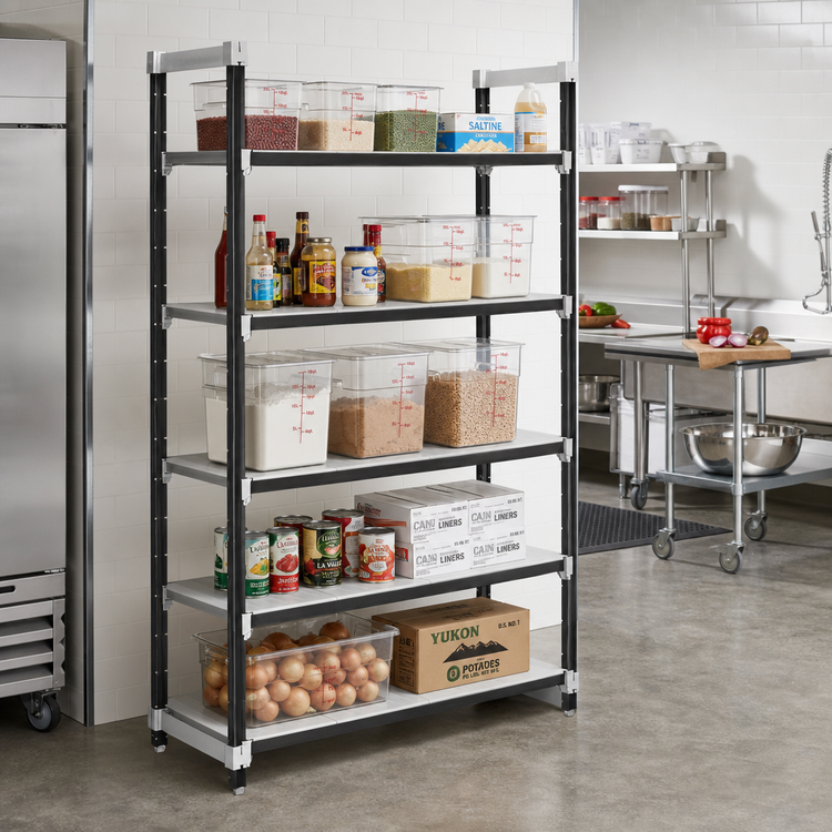 Product image #2 for Cambro Camshelving® Elements XTRA 5-Tier Solid Stationary Polymer Shelving Starter Unit, 21" x 60" x 84"