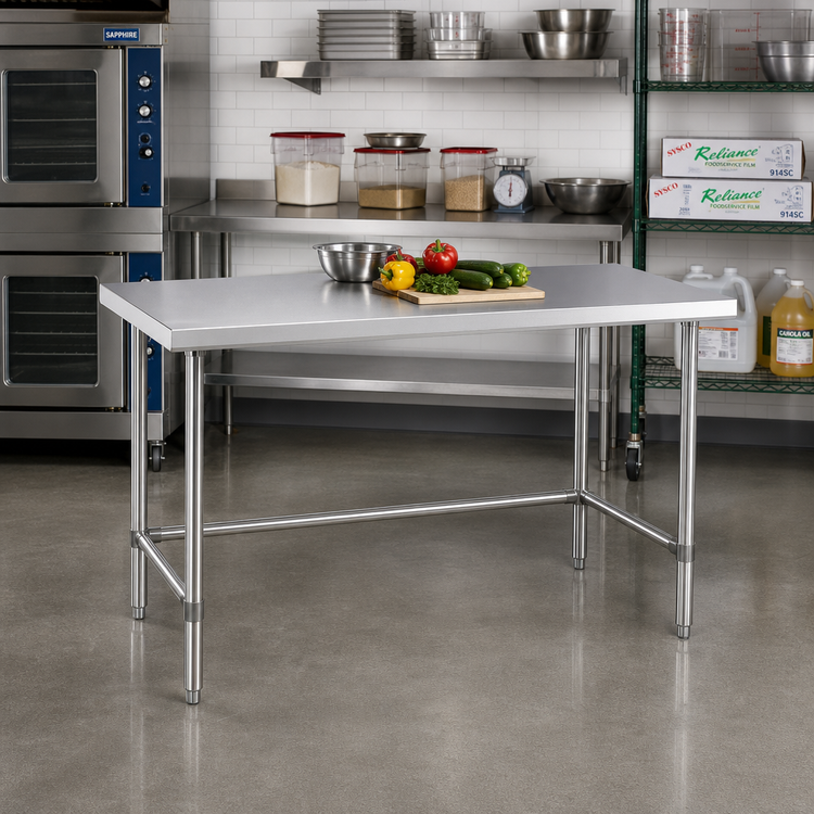Product image #2 for Sapphire 60-Inch x 24-Inch 18-Gauge 430 Stainless Steel Flat Top Work Table with Open Base and Beveled Square Edge