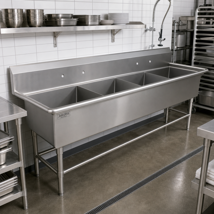 Product image #2 for John Boos Pro-Bowl 4-Compartment Stainless Steel Floor Model Sink with Legs, 125-1/8 Inch Wide x 29-1/2 Inch Deep