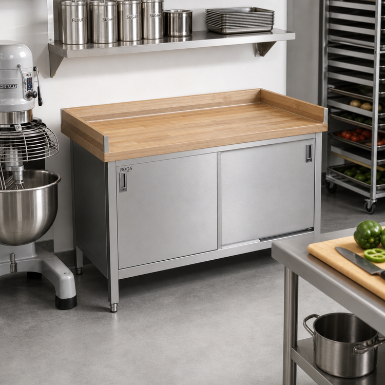 Product image #2 for John Boos Cabinet Base Wood Top Work Table with Sliding Doors, 60 x 30 Inches, 4-Inch Coved Riser