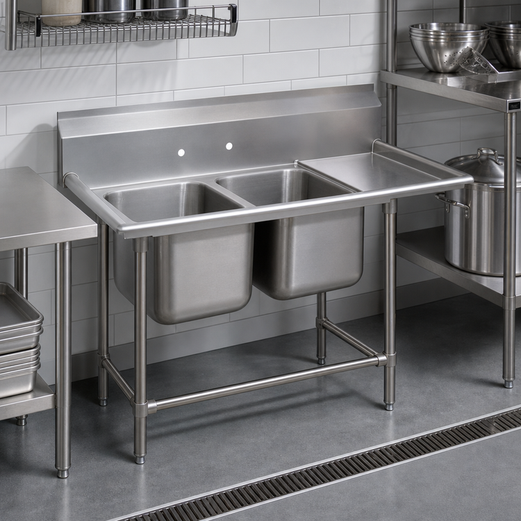 Product image #2 for Advance Tabco Regaline Commercial 2-Compartment Sink with Right-Hand Drainboard, 24" x 24" x 14" Bowls, 11" Backsplash, 14-Gauge 304 Stainless Steel