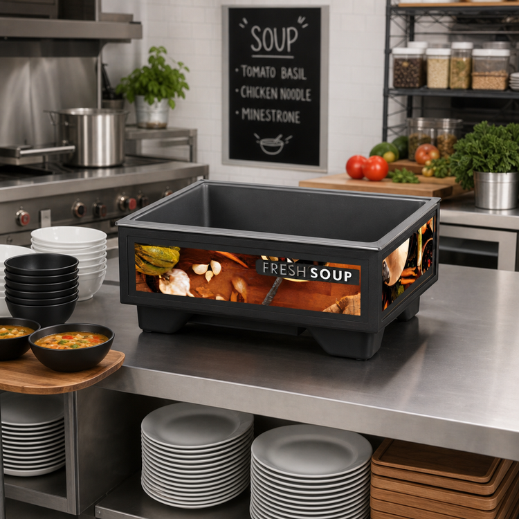 Product image #2 for Vollrath Cayenne® Full-Size Rethermalizing Soup Merchandiser with Tuscan Graphics, Base Unit Only