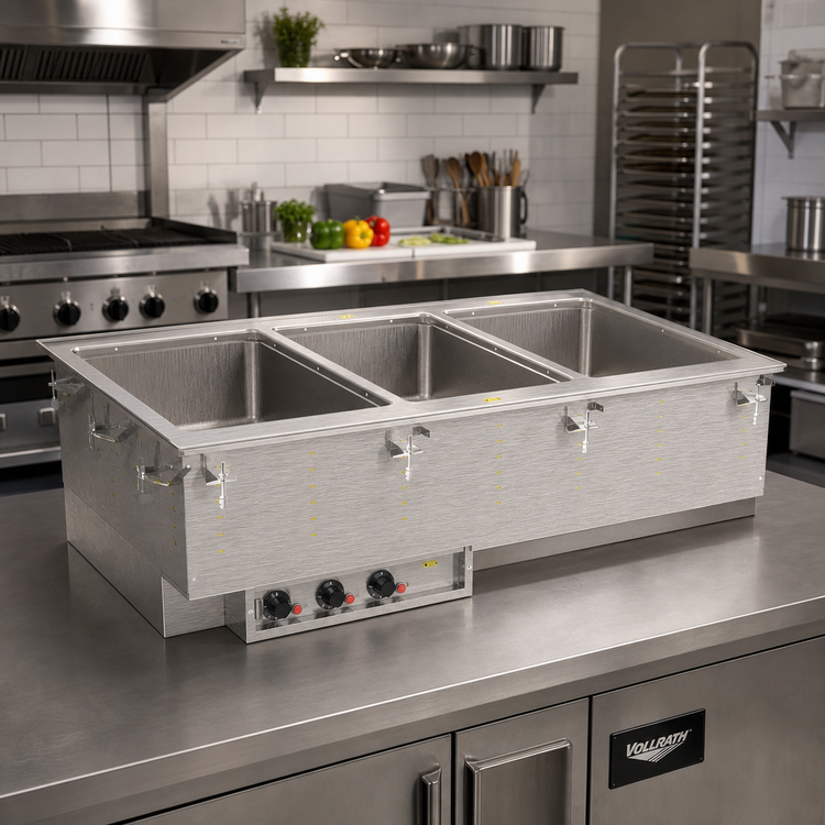 Product image #2 for Vollrath Three-Well Drop-In Hot Food Well with Thermostatic Controls, Manifold Drain, 240V, Full-Size Pans
