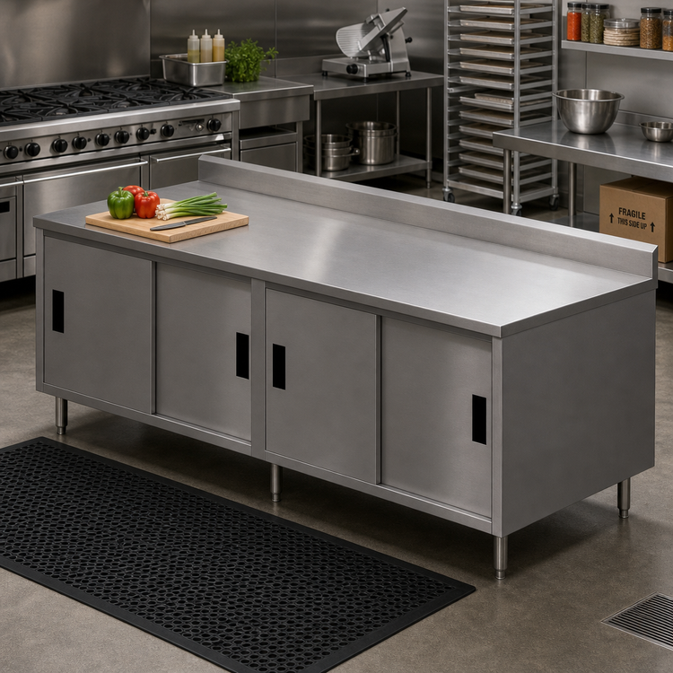 Product image #2 for BK Resources Stainless Steel Chef Table with Cabinet Base and Sliding Doors, 96 x 36 x 39-3/4 Inches
