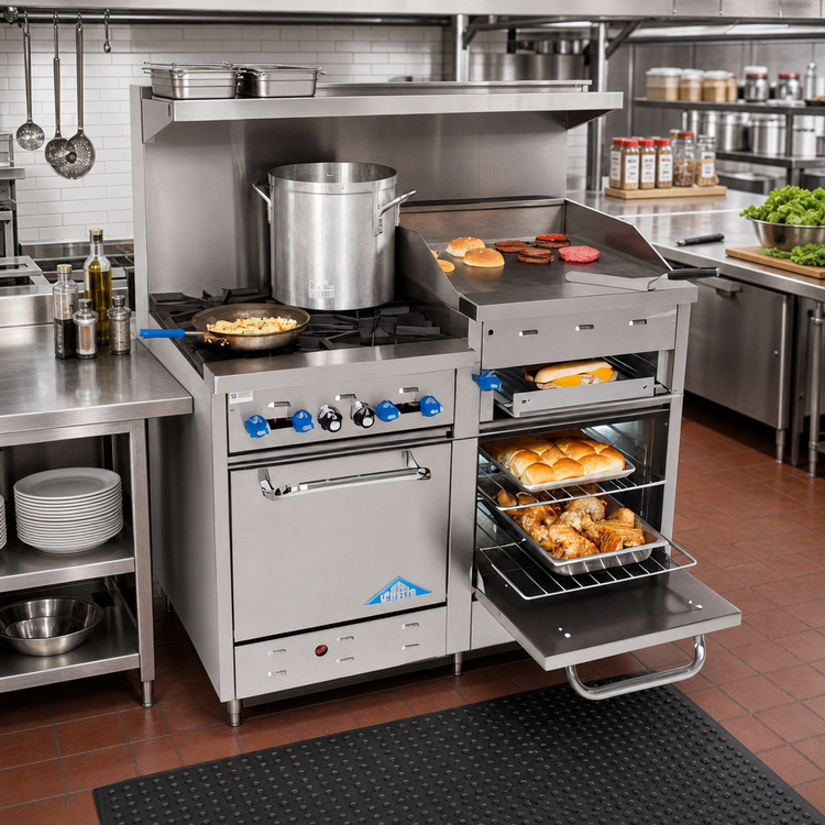 Product image #2 for Comstock-Castle 48-Inch Commercial Gas Range with 4 Open Star Burners, 24-Inch Raised Griddle, and 2 Space-Saver Ovens