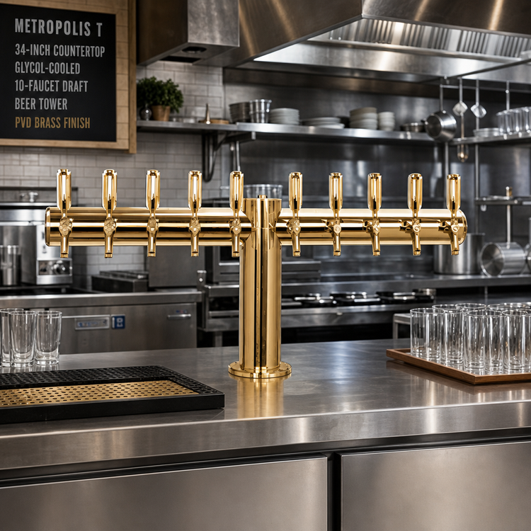 Product image #2 for Metropolis T 34-Inch Countertop Glycol-Cooled 10-Faucet Draft Beer Tower, PVD Brass Finish