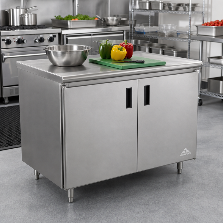 Product image #2 for Advance Tabco Special Value Series Enclosed Work Table with Cabinet Base and Hinged Doors, 60 x 24 Inches, 16-Gauge 304 Stainless Steel Top
