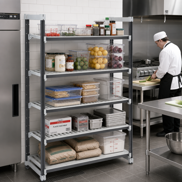 Product image #2 for Cambro Camshelving Elements XTRA 5-Tier Stationary Starter Polymer Shelving Unit, 24" x 72" x 84", Vented & Solid, Speckled Gray