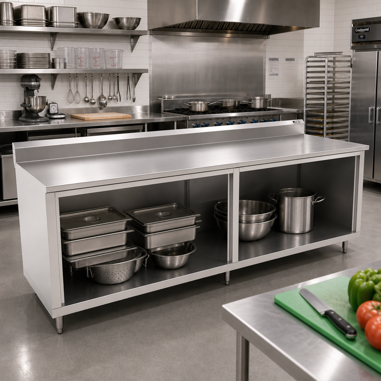 Product image #2 for John Boos 120-Inch 16-Gauge Stainless Steel Work Table with Open-Front Cabinet Base and 5-Inch Backsplash