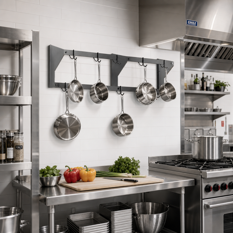 Product image #2 for Eagle Group 36-Inch Double-Bar Wall-Mounted Stainless Steel Pot Rack with 6 Hooks