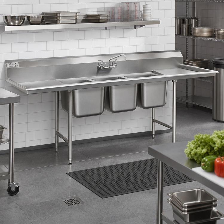 Product image #2 for Eagle Group 314 Series Three-Compartment Sink with Right-Hand Drainboard, 304 Stainless Steel