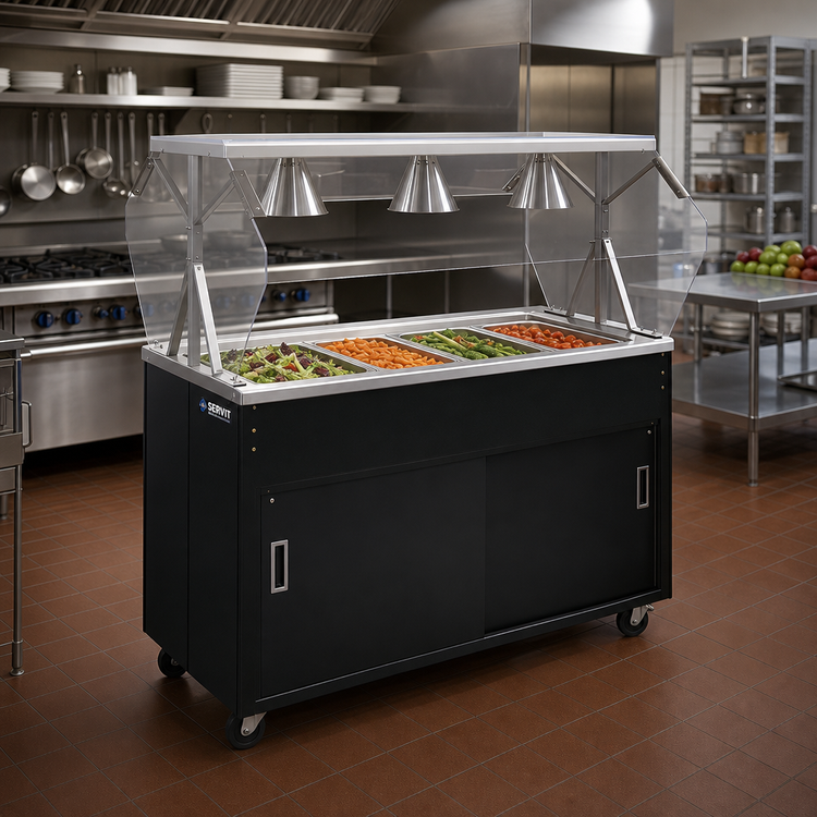 Product image #2 for 2-Series Affordable Portable™ 4-Pan Non-Refrigerated Mobile Cold Food Station with Buffet Breath Guard and Storage Base with Sliding Doors, Black, 60-Inch