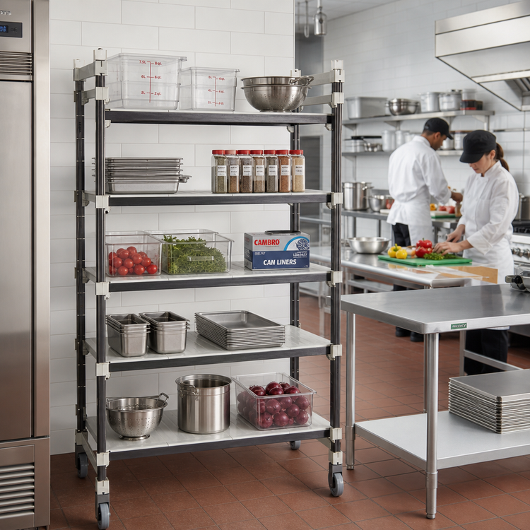 Product image #2 for Cambro Camshelving Elements XTRA High Density Top Rail Mobile Starter Unit, 18"D x 42"L x 80"H, 5-Tier, Speckled Gray