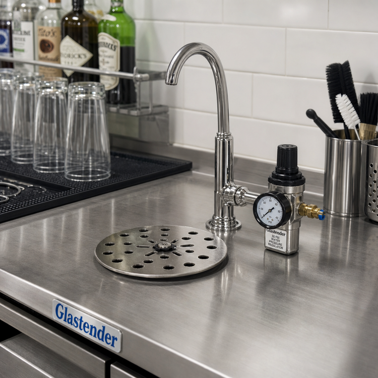 Product image #2 for Glastender Underbar Rinser Faucet with 6-Inch Stainless Steel Plunger Plate and 30 PSI Water Pressure Regulator