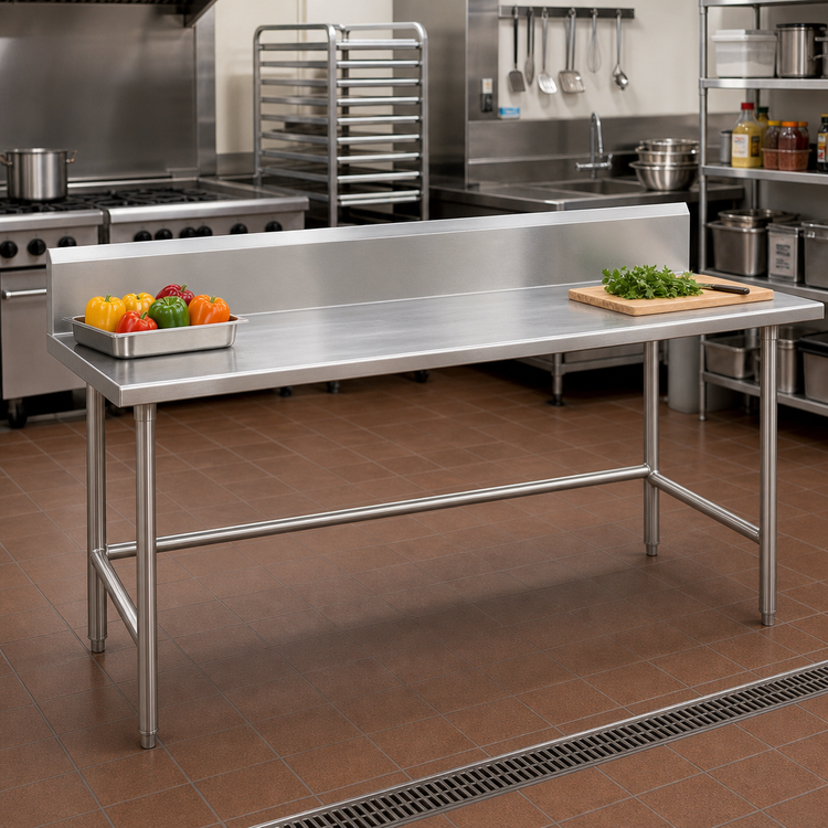 Product image #2 for Advance Tabco 144 Inch x 24 Inch Stainless Steel Work Table with 10 Inch Backsplash and Open Base