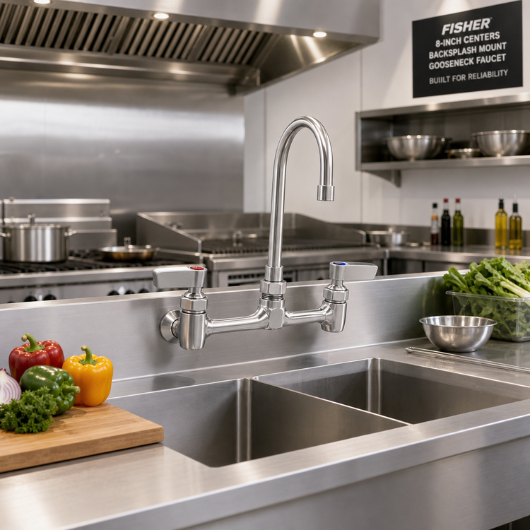Product image #2 for Fisher 8-Inch Centers Backsplash Mount Gooseneck Faucet with 12-Inch Swivel/Rigid Spout, Stainless Steel