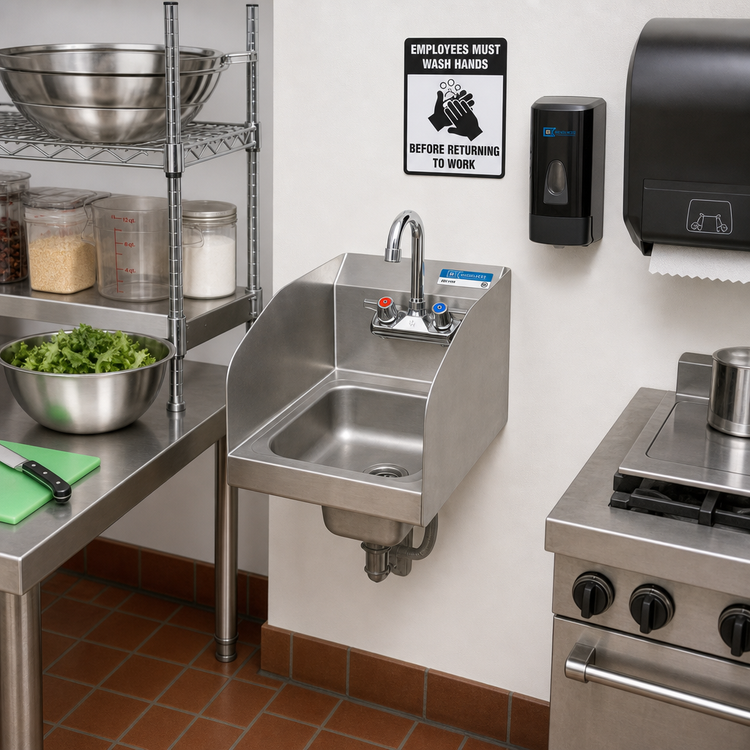 Product image #2 for BK Resources Space Saver Wall-Mount Hand Sink with 9" x 9" Bowl, Dual Side Splashes and Splash-Mount Faucet