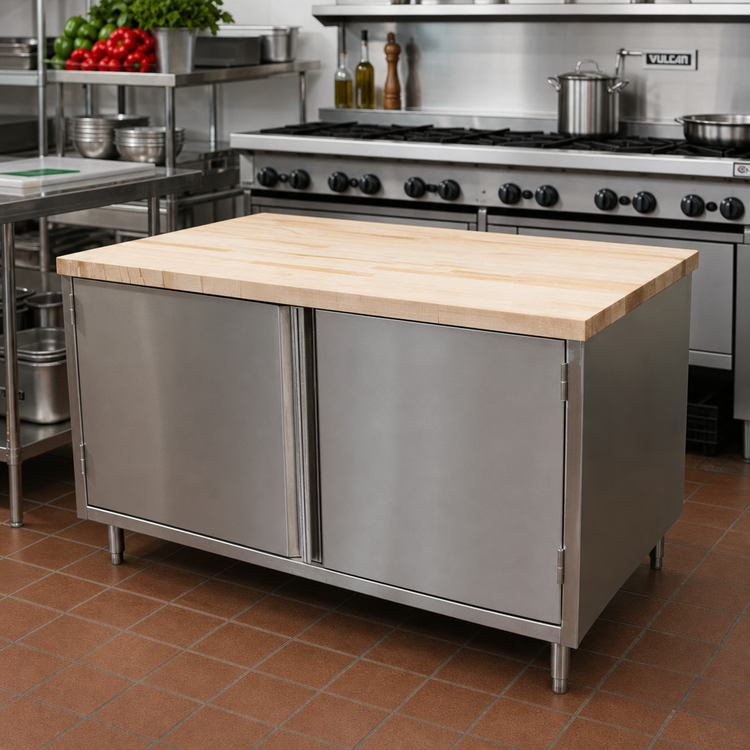 Product image #2 for BK Resources Hard Maple Top Chef Table with Stainless Steel Cabinet Base and Hinged Doors, 60 x 36 Inch