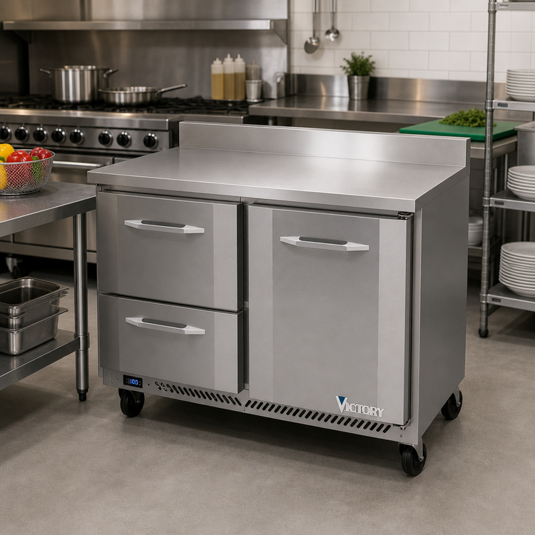 Product image #2 for Victory Refrigeration VWFD48HC-2 48-Inch Two-Section Worktop Freezer Counter with Doors and Drawers, 11.04 Cu. Ft., Rear-Mounted Self-Contained R290
