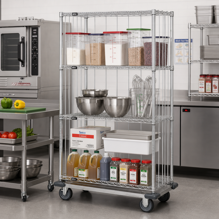 Product image #2 for Mobile Wire Shelving Enclosure Cart with Dolly Base, 4 Shelves, 36W x 18D x 70H, Chrome Plated