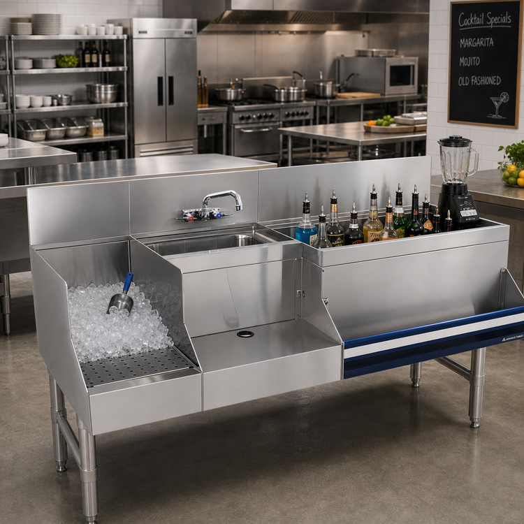 Product image #2 for Advance Tabco Prestige Uni-Serv 60-Inch Stainless Steel Speed Bar with Left Ice Bin, Sink, and Blender Station