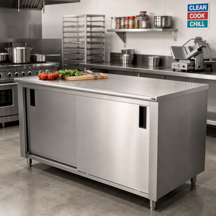 Product image #2 for Advance Tabco Special Value Economy Enclosed Work Table with Cabinet Base, Sliding Doors, 120"W x 24"D, 16-Gauge 304 Stainless Steel Top