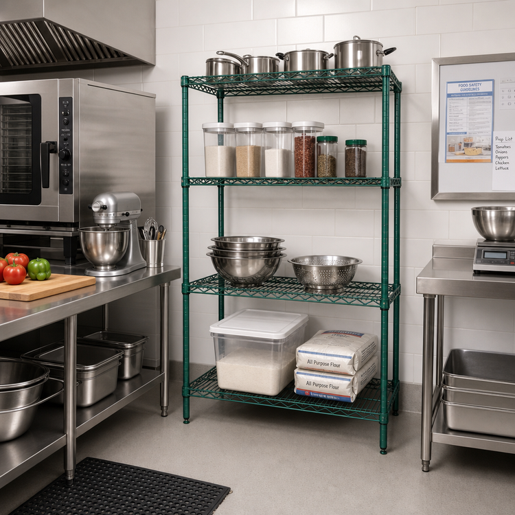 Product image #2 for Quantum 4-Shelf Stationary Wire Shelving Starter Kit, 30W x 21D x 54H, Green Epoxy