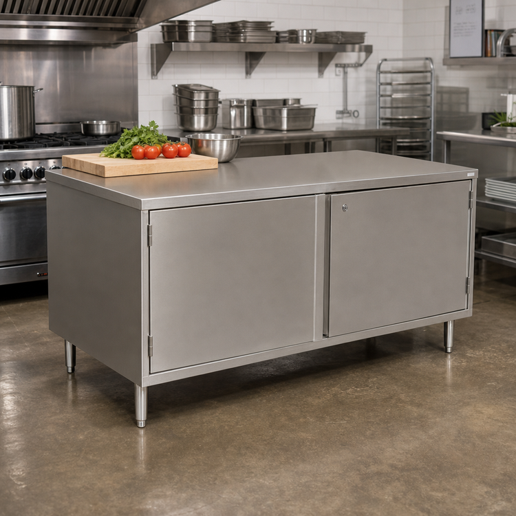 Product image #2 for BK Resources Stainless Steel Chef Table Cabinet Base with Locking Hinged Doors, 72-Inch x 36-Inch